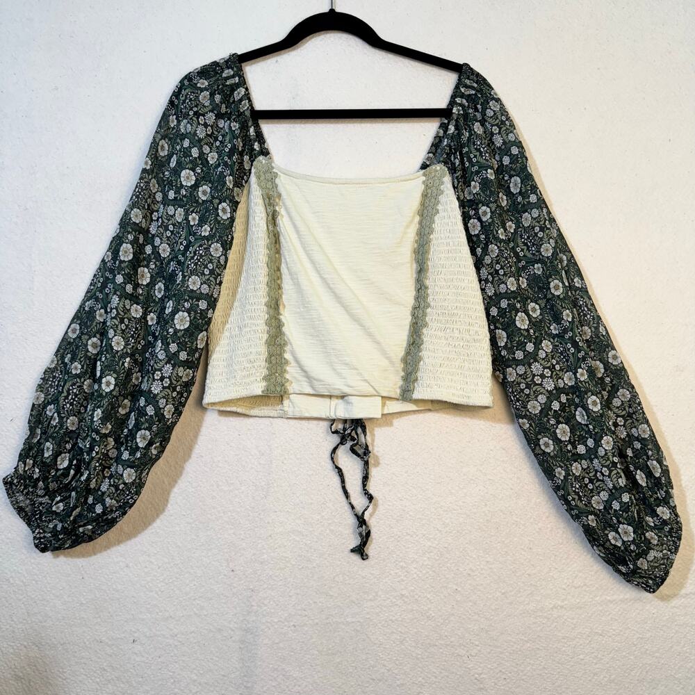 Anthropologie Forever That Girl Smocked Balloon Sleeve Blouse Back Lace Up Med.